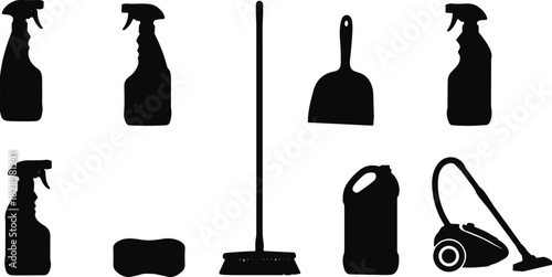 Household Cleaning Supplies Silhouette Set, Spray Bottles, Broom, Dustpan, Sponge, Detergent Bottle, Vacuum Cleaner, Housework Service Equipment Vector Graphic.