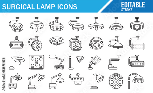 Surgical lamp outline icon set with editable stroke for medical design