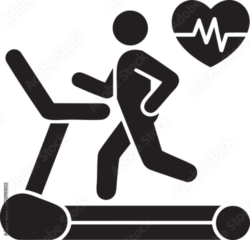 Running on treadmill icon with heart rate symbol showing cardio workout, fitness training, exercise activity and healthy lifestyle concept