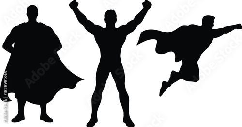 Three distinct male superhero silhouettes portraying confident stance, powerful flex, and airborne agility