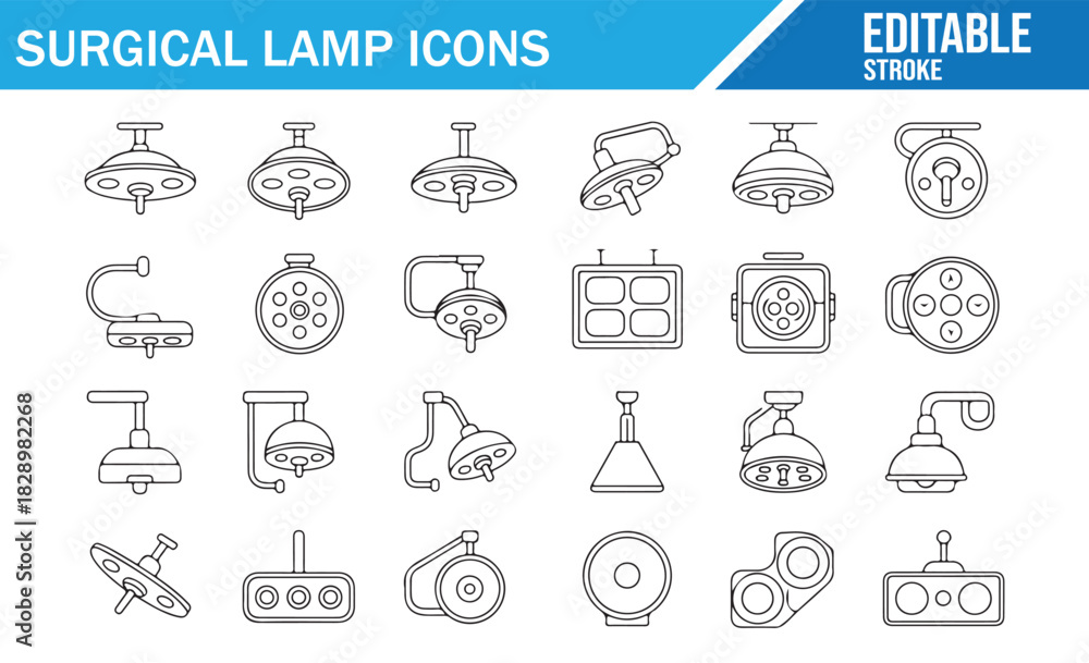 Fototapeta premium Surgical lamp outline icon set with editable stroke showing operating room lights, medical ceiling lamps and hospital illumination equipment for healthcare and clinical design