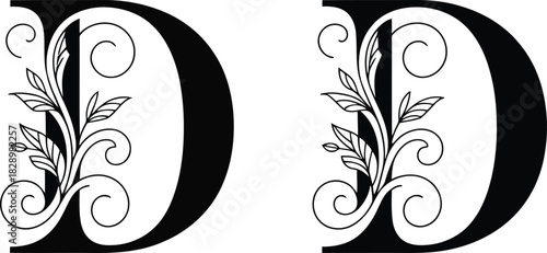 Two elegant black capital letters D are adorned with delicate flowing leaf and swirl decorations