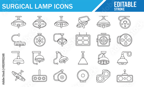 Surgical lamp outline icon set with editable stroke showing operating room lights, medical ceiling lamps and hospital illumination equipment for healthcare and clinical design