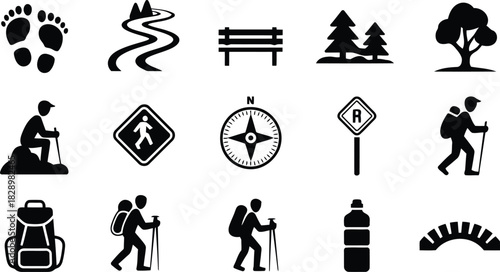 Various black silhouette icons illustrating popular outdoor recreational activities and hiking essentials on white