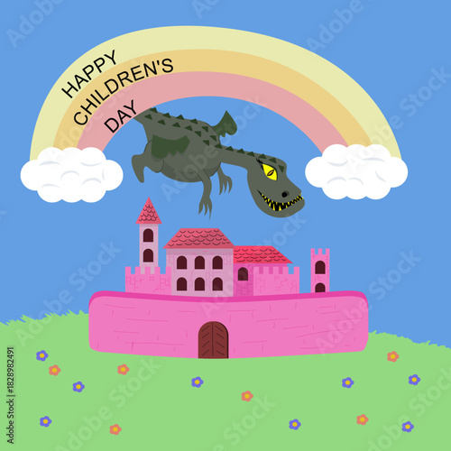 Vector illustration for Children's Day. Castle with towers and walls. Big dragon flying over the castle. Two clouds connected by a rainbow. Inscription: 