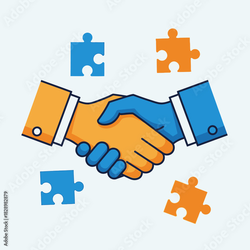 Business handshake with puzzle pieces symbolizing partnership and collaboration.