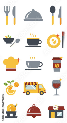 Collection of food and drink related icons including cutlery, chef hat, coffee cups, and food truck.