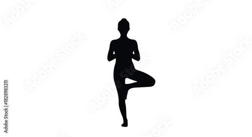 Isolated black silhouette of a woman practicing the Vrikshasana yoga tree pose. Vector graphic representing balance, wellness, and fitness