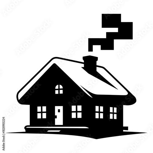 black silhouette of a snow-covered house with chimney and windows