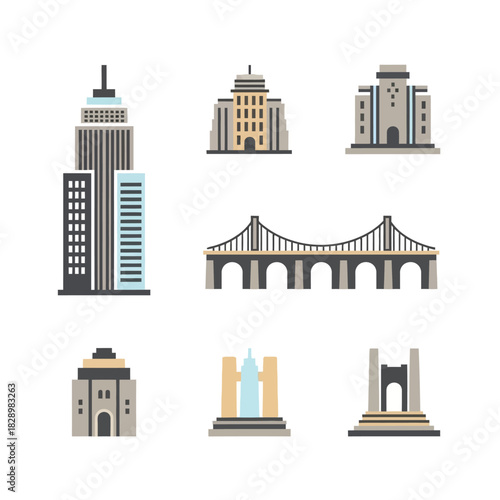 Collection of iconic city landmarks and architectural structures.