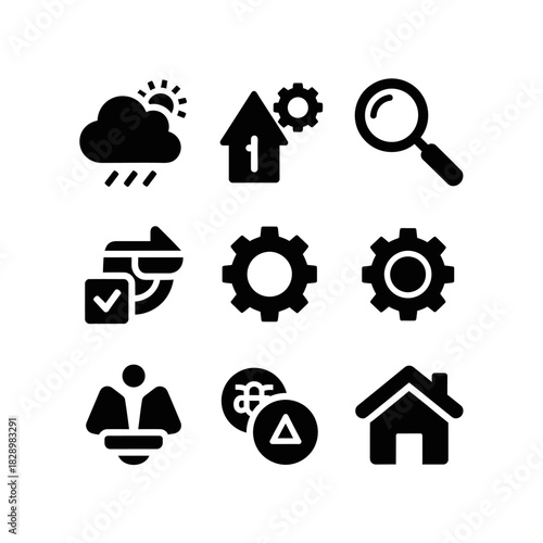Collection of nine black glyph icons representing various digital interface functions and settings.