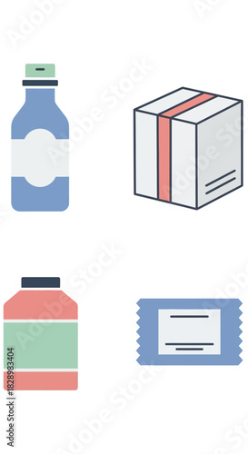 Collection of various packaging items including bottles, boxes, and containers.
