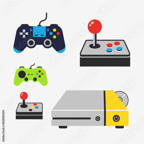Collection of various video game controllers and a console for gaming entertainment.