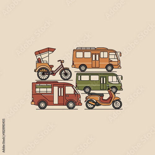Collection of various vintage public and personal transportation vehicles.