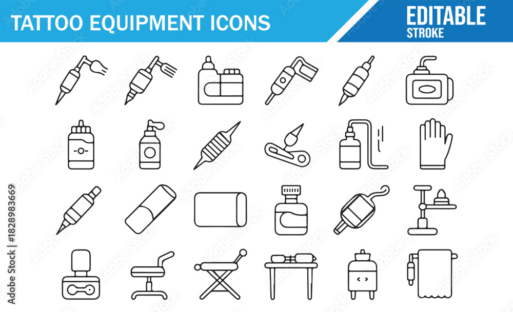 Fototapeta premium Tattoo supplies and machine outline vector icon pack