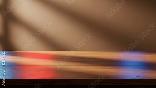 A Play of Light and Shadow: The image presents a rich, textured interplay of light and shadow, casting a warm ambiance. A wooden surface with vibrant reflections captures the essence of tranquility. 