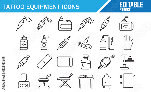 Tattoo supplies and machine outline vector icon pack