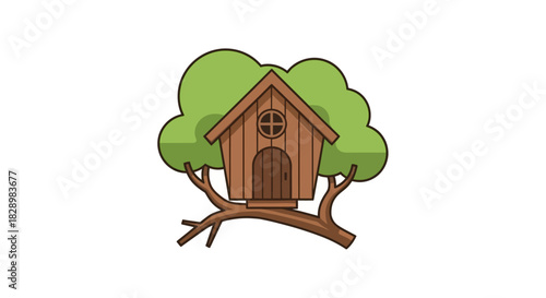 Charming Wooden Treehouse Nestled in Lush Green Tree Branches.