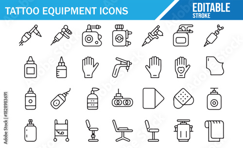 Tattoo artist equipment linear icons for studio and workspace