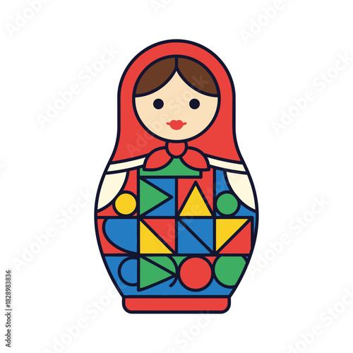 Colorful Matryoshka doll with geometric patterns in a flat design style.
