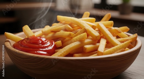 Close up of golden french fries with ketchup in a wooden bowl on table