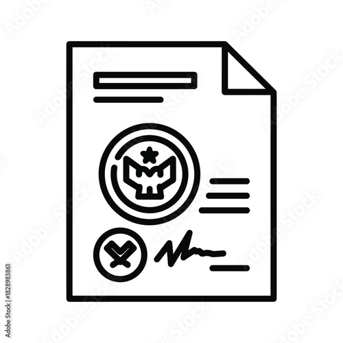 Black and white line icon of an official document with seal