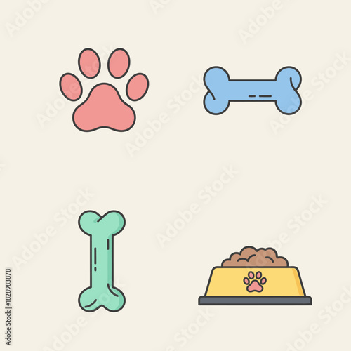 Colorful Pet Care Icons - Paw Print, Bones, and Food Bowl.