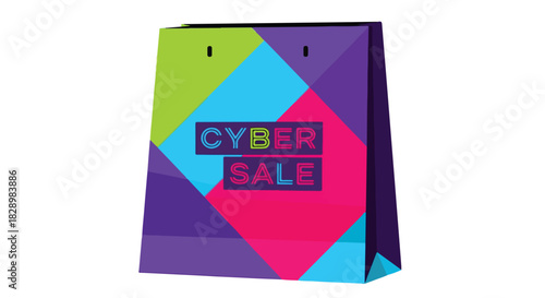 Cyber sale promotion on a colorful geometric shopping bag. Modern retail and discount advertising concept, vector illustration 295.eps