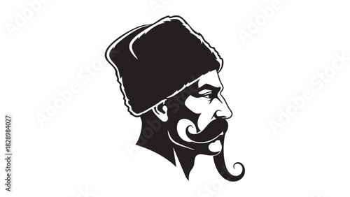 Bold graphic portrait of a distinguished man in profile, featuring a traditional fur hat, striking curled mustache, and beard, embodying a powerful historical or cultural figure