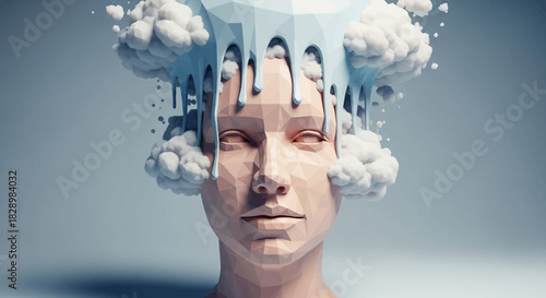 Conceptual image of a human head with melting ice and clouds.