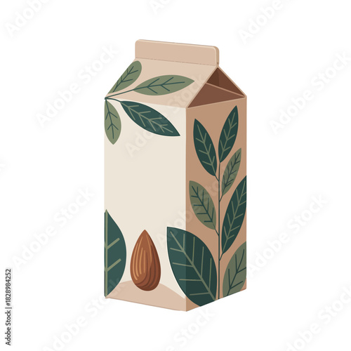 polygonal milk carton with leafy design and almond illustration