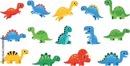 Big set of cute cartoon dinosaurs vector illustration collection of colorful prehistoric animals like t-rex and triceratops isolated for kids.