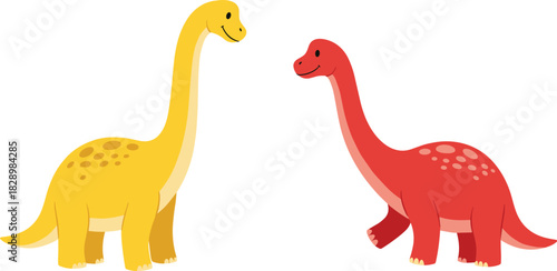 Cute cartoon dinosaurs vector illustration showing two yellow and red long neck prehistoric animals standing together isolated for kids.