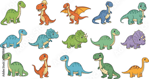 Big set of cute cartoon dinosaurs vector illustration collection of fifteen colorful prehistoric animals including t-rex and triceratops isolated for kids.