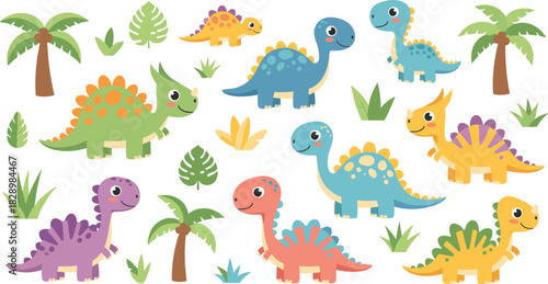 Cute cartoon dinosaurs set vector illustration collection of colorful prehistoric animals with jungle plants palm trees and grass isolated for kids.