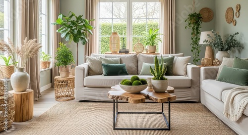 Cozy living room with natural light and plants creates a relaxing atmosphere