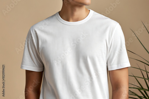 Man wearing a plain white t shirt mockup for design