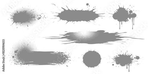 Diverse gray paint splatters, distressed brush strokes, and halftone elements set