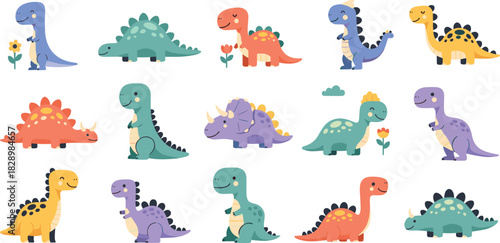 Big set of cute cartoon dinosaurs vector illustration collection of fifteen colorful prehistoric animals with flowers isolated for kids.