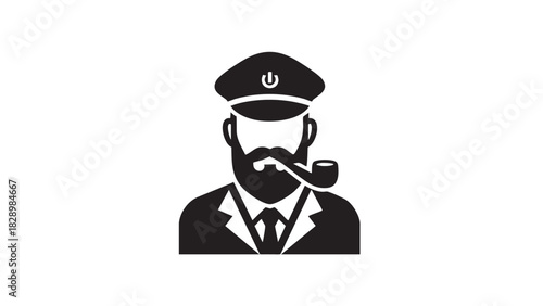 A stylized illustration of a stern-faced captain smoking a pipe, depicted in a simple black and white silhouette