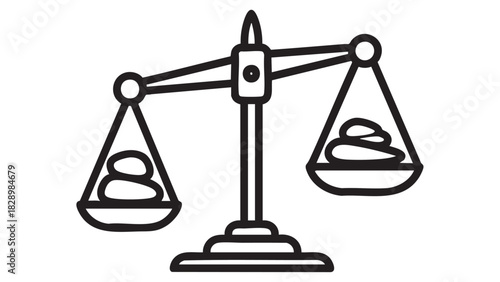 Minimalist outline icon showcasing a traditional weighing scale balancing two piles of stones, embodying themes of equity, comparison, and measured decision-making processes