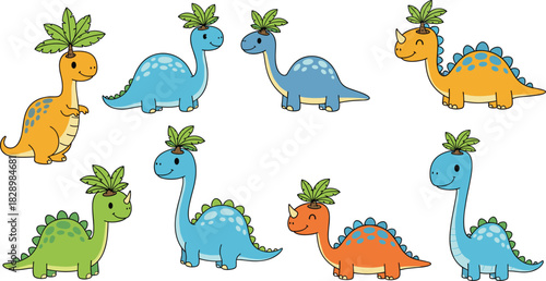 Cute cartoon dinosaurs set vector illustration collection of eight funny prehistoric animals with palm trees on heads isolated for kids.