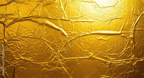Closeup of a golden crumpled foil texture, creating a luxurious background