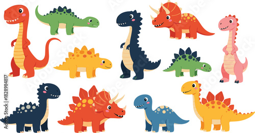 Big set of cute cartoon dinosaurs vector illustration collection of eleven colorful prehistoric animals including t-rex and triceratops isolated for kids.