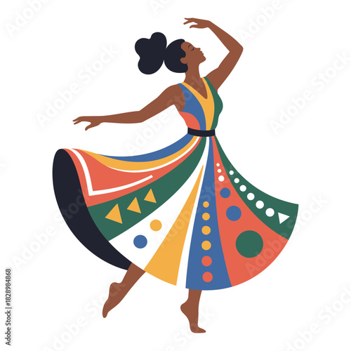 stylized illustration of a woman dancing with flowing geometric colorful dress