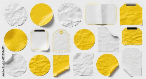 Collection of various paper stickers and labels isolated on white background