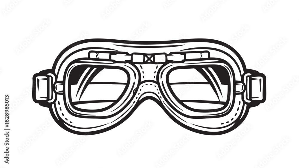 Fototapeta premium Retro pilot or motorcycle goggles icon in a detailed monochrome vector illustration style, representing classic protective eyewear