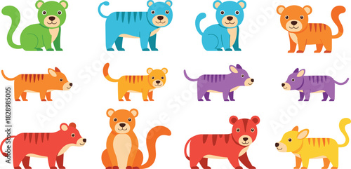 Cute cartoon wild cats set vector illustration collection of colorful tigers and leopards with stripes isolated for kids design.