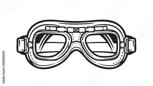 Retro pilot or motorcycle goggles icon in a detailed monochrome vector illustration style, representing classic protective eyewear