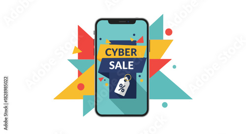 Vibrant Mobile Phone Displaying Cyber Sale Promotion Banner with Shopping Tag Icon Amidst Dynamic Geometric Shapes for Online Discounts and E-commerce Offers